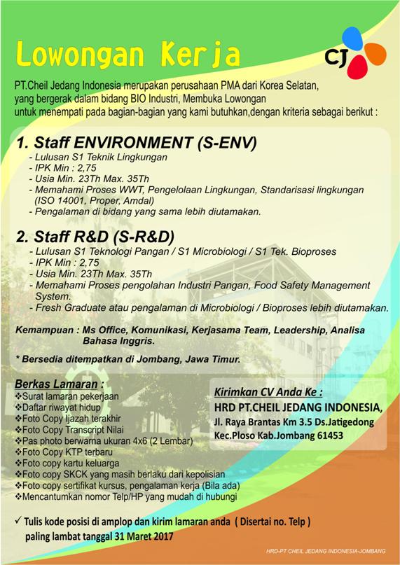 STAFF ENVIRONMENT (S-ENV), STAFF R&D (S-R&D), | Jasalowongan.com adalah  website info Lowongan kerja terbaru di Indonesia